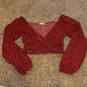 La Hearts Red Ditsy Smocked Long-Sleeve Crop Top
